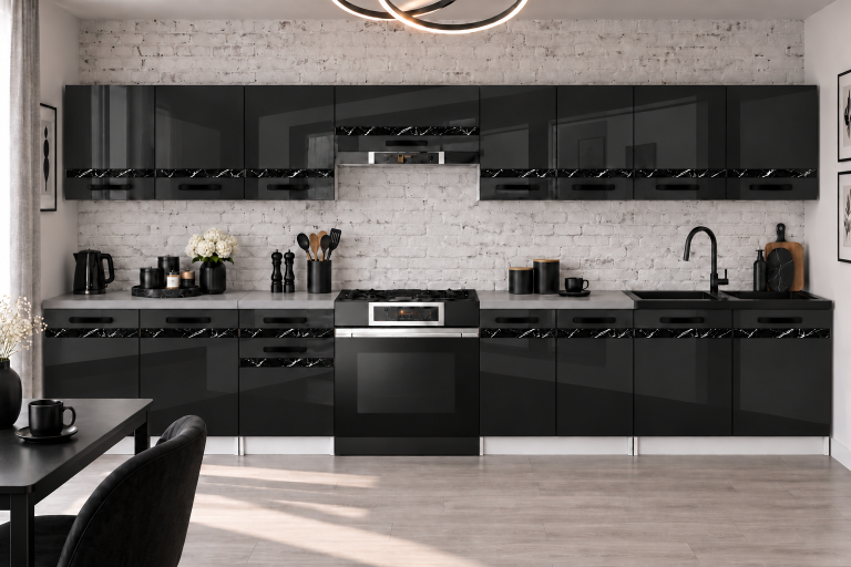 Meble kuchenne Prestige 320 cm czarny połysk z blatem Producent INF P Vincent/0/WT/B/0/A1/CS