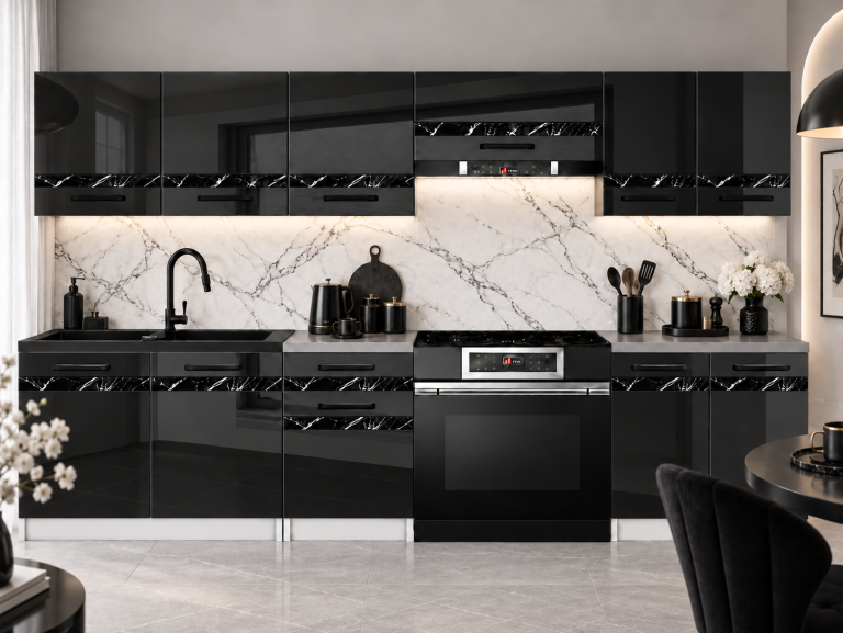 Meble kuchenne Prestige 240 cm czarny połysk z blatem Producent INF P Salvador/0/WT/B/0/A1/CS