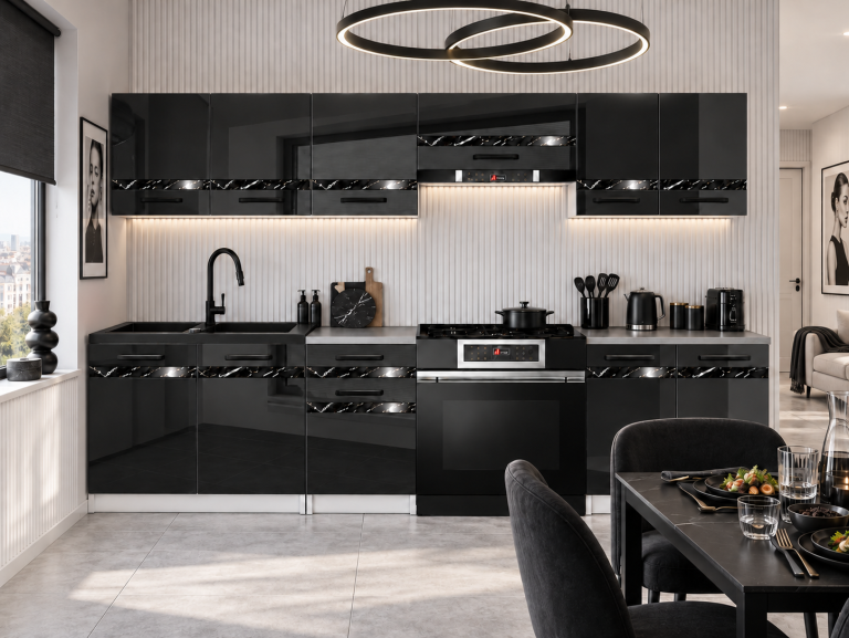 Meble kuchenne Prestige 240 cm czarny połysk z blatem Producent INF P Salvador/0/WT/B/0/A1/CS