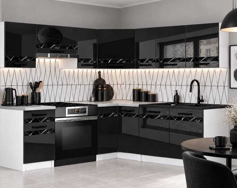 Meble kuchenne Prestige 360 cm czarny połysk z blatem Producent INF P Pablo/0/WT/B/0/0/CS