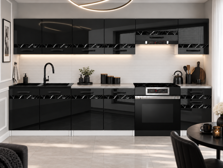 Meble kuchenne Prestige 260 cm czarny połysk bez blatu Producent INF P Frida/0/WT/B/BB/A1/CS