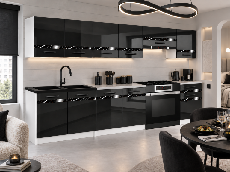 Meble kuchenne Prestige 260 cm czarny połysk bez blatu Producent INF P Frida/0/WT/B/BB/A1/CS