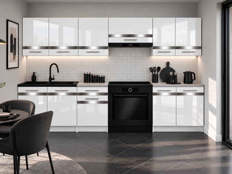 Meble kuchenne Prestige 240 cm biały połysk z blatem Producent INF P Salvador/0/WT/W/0/C1/SL