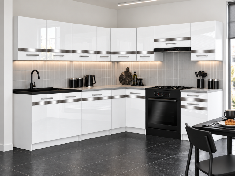 Meble kuchenne Prestige 420 cm biały połysk z blatem Producent INF P Gustav/0/WT/W/0/C1/SL