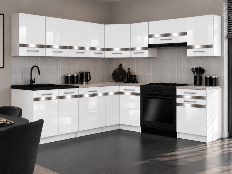 Meble kuchenne Prestige 420 cm biały połysk z blatem Producent INF P Gustav/0/WT/W/0/C1/SL