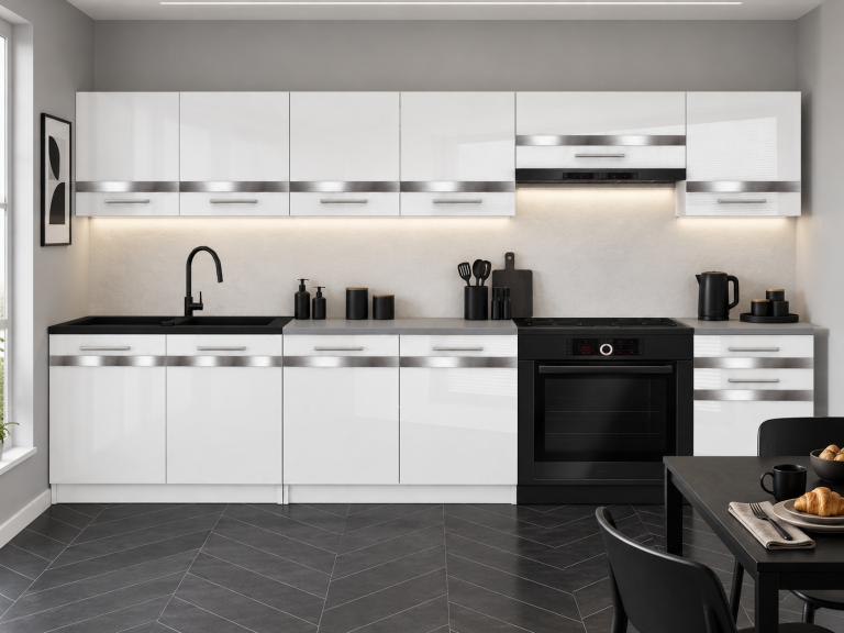 Meble kuchenne Prestige 260 cm biały połysk bez blatu Producent INF P Frida/0/WT/W/BB/C1/SL