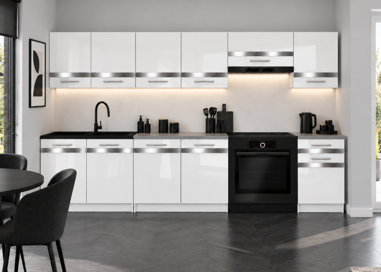 Meble kuchenne Prestige 260 cm biały połysk bez blatu Producent INF P Frida/0/WT/W/BB/C1/SL