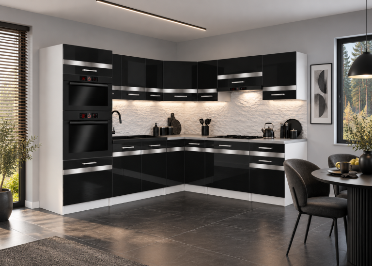 Meble kuchenne Prestige 420 cm czarny połysk z blatem Producent INF P Diego/0/WT/B/0/C1/SL